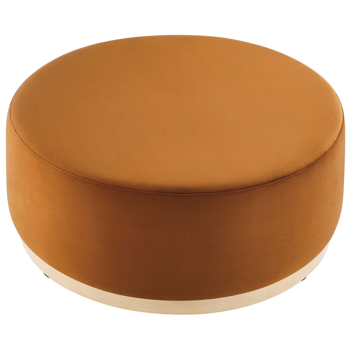 Large rust velvet ottoman with expansive smooth cushioned top and rounded profile. || EEI-6650-RUS-NAT || top_angle_studio