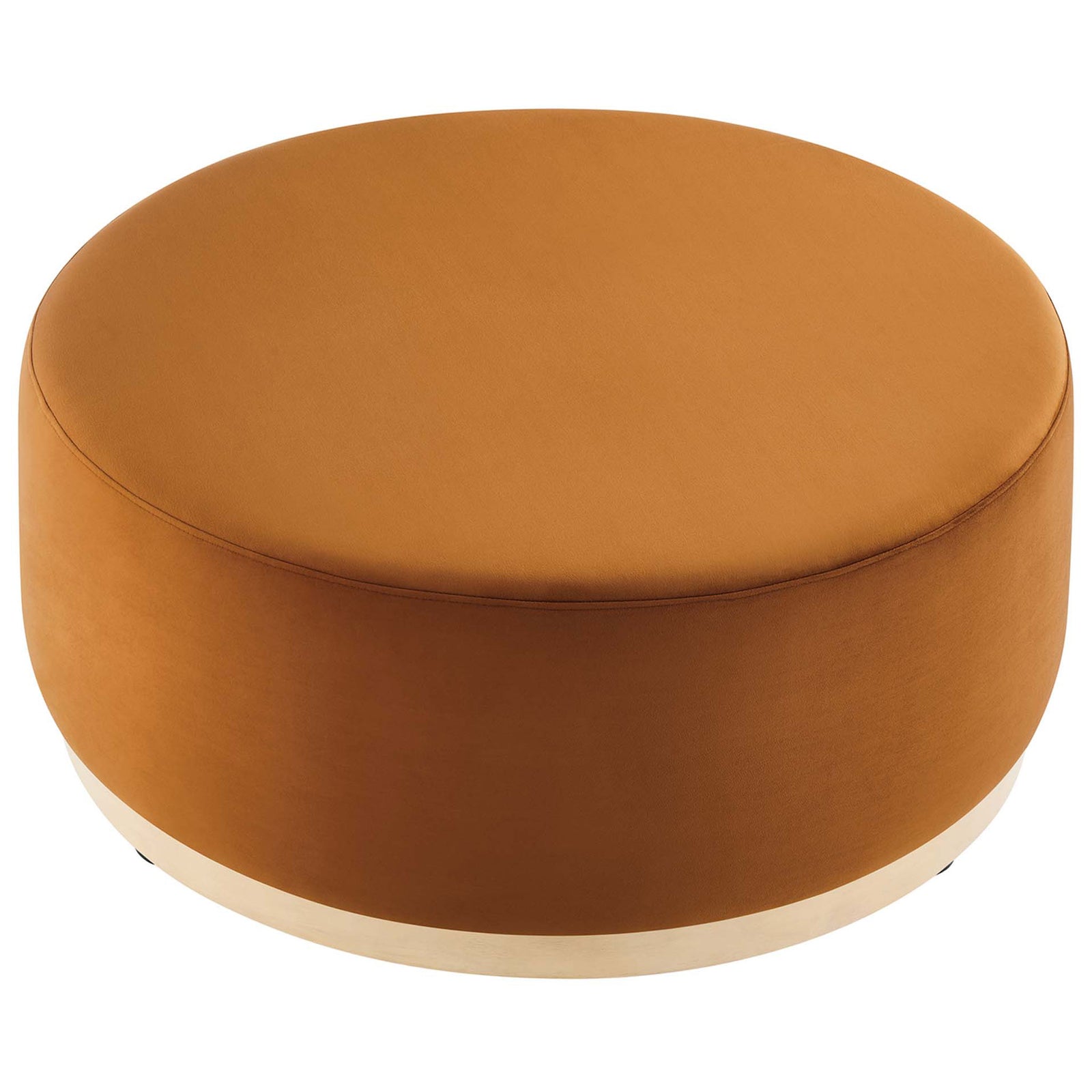 Large rust velvet ottoman with expansive smooth cushioned top and rounded profile. || EEI-6650-RUS-NAT || top_angle_studio