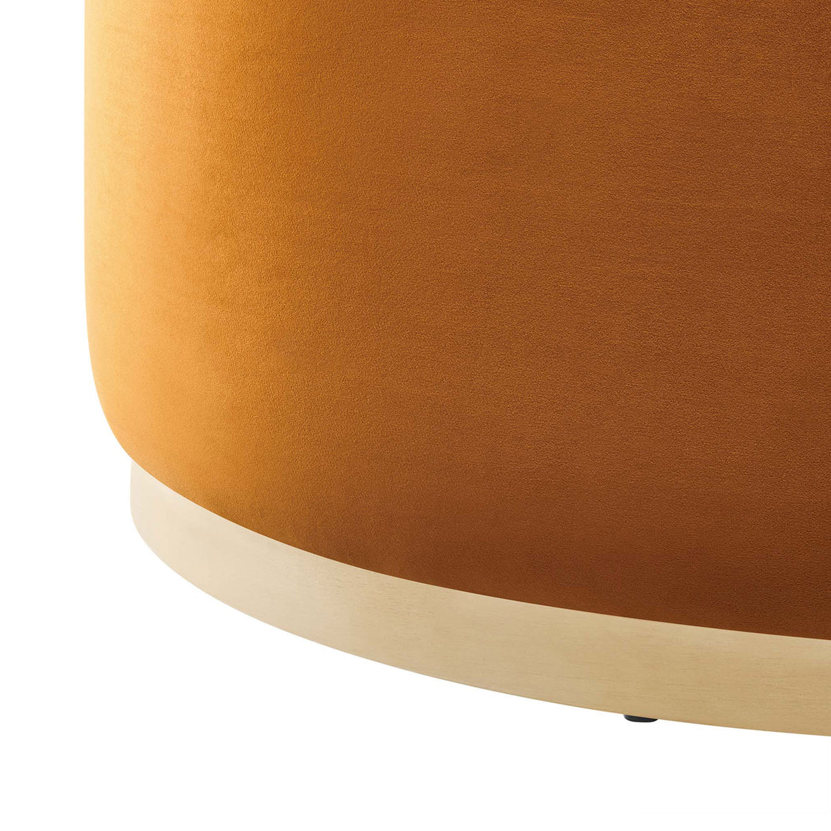 Base of large rust velvet ottoman with pale wood plinth and neatly tailored seams. || EEI-6650-RUS-NAT || leg_studio