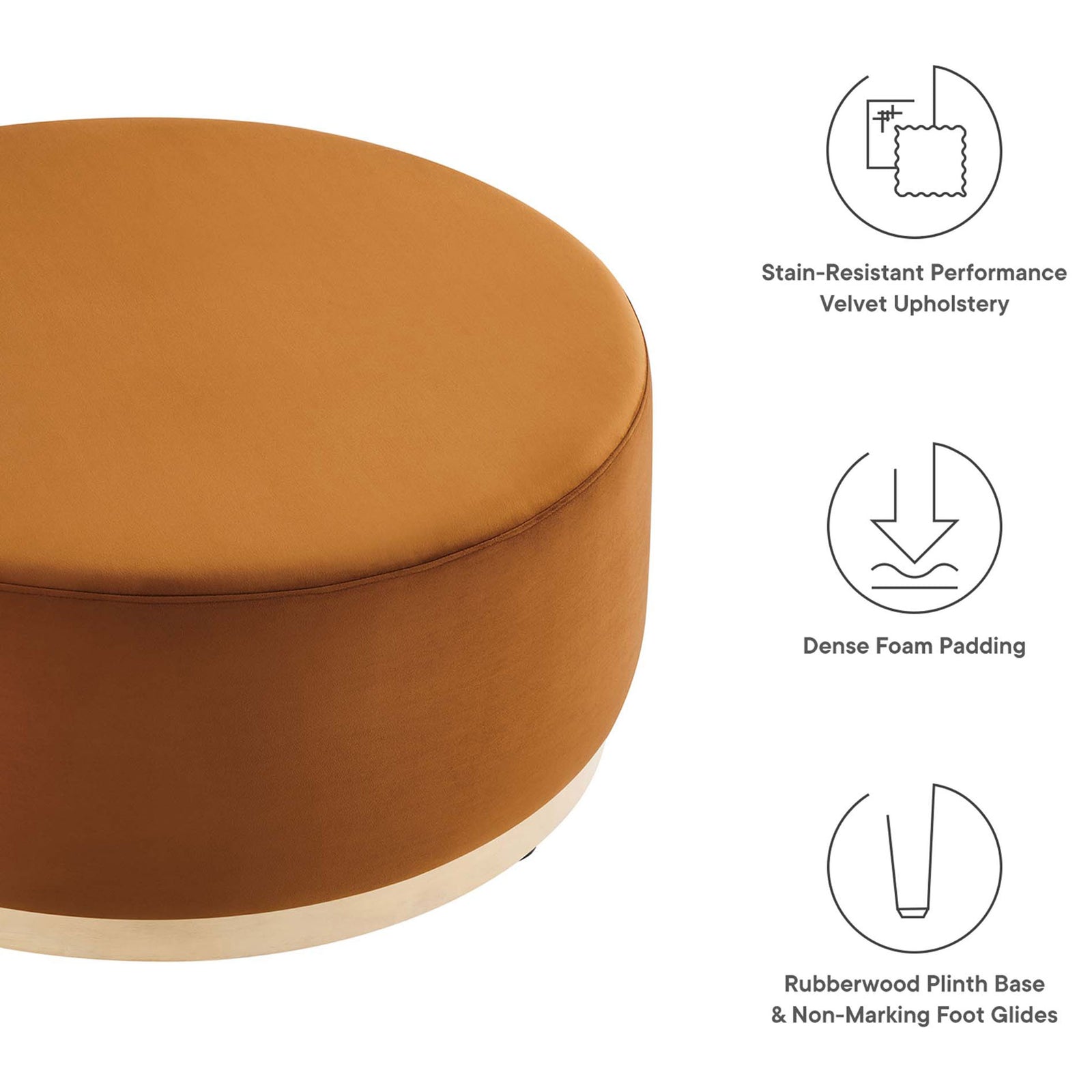 Large rust velvet ottoman with icons calling out velvet upholstery, dense foam, and floor friendly base. || EEI-6650-RUS-NAT || callout_studio