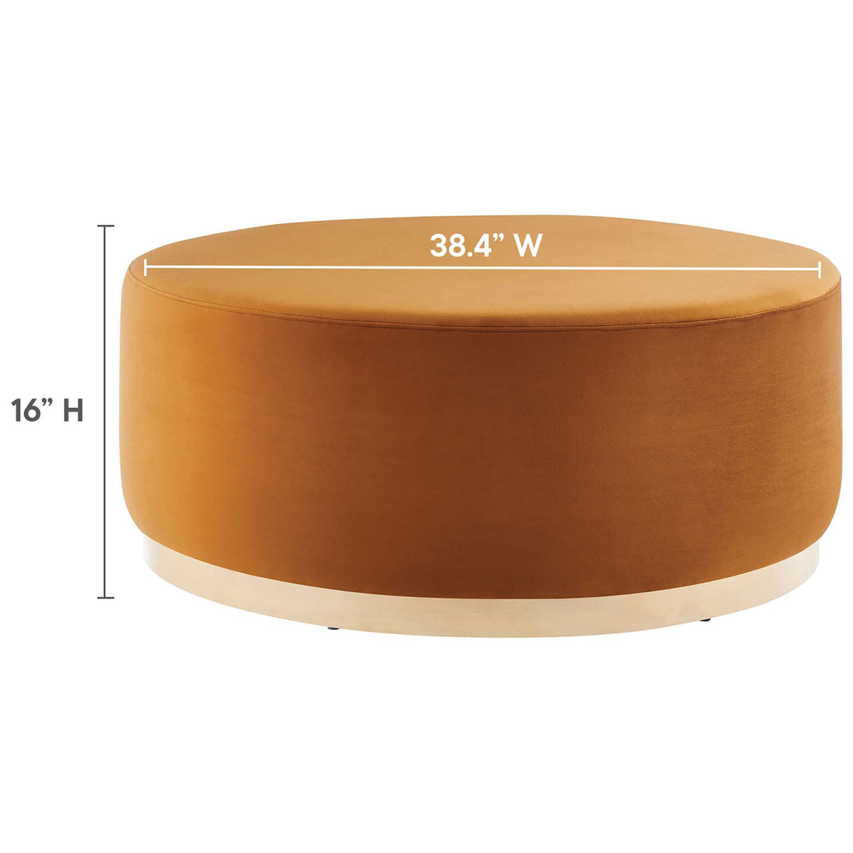 Large rust velvet ottoman with 38.4 inch width and 16 inch height dimensions illustrated. || EEI-6650-RUS-NAT || dimension_studio