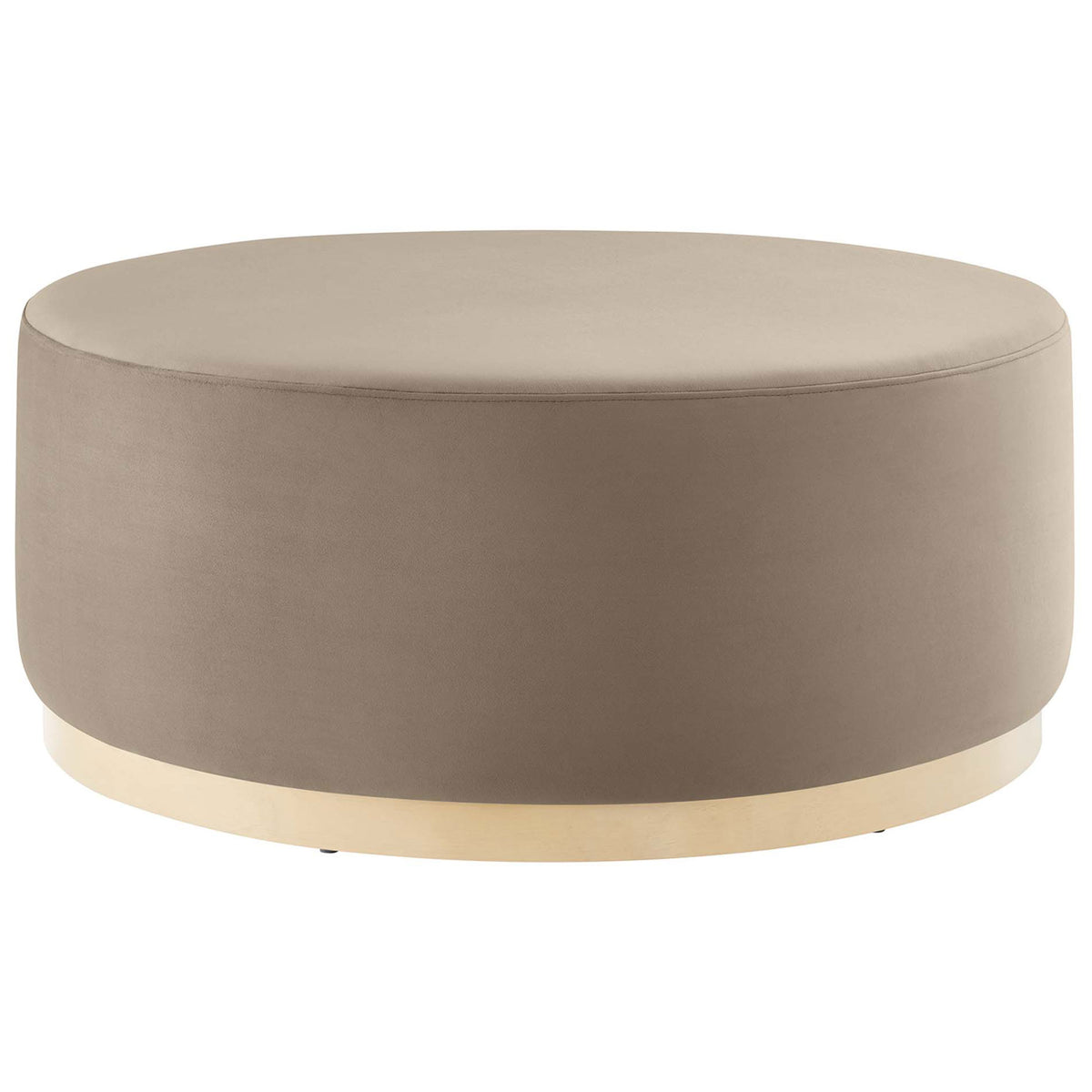 Taupe performance velvet 38-inch round ottoman with low profile silhouette and natural wood plinth base || EEI-6650-TAU-NAT || front_studio