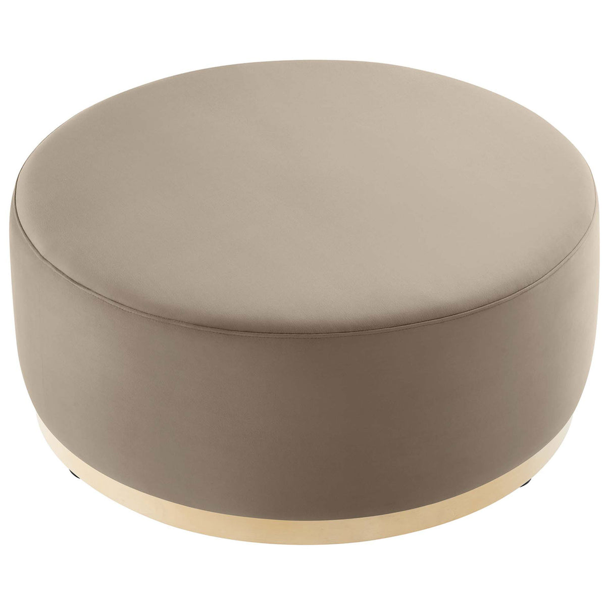 Spacious taupe velvet ottoman highlighting the expansive round seat ideal for lounging or serving || EEI-6650-TAU-NAT || top_angle_studio