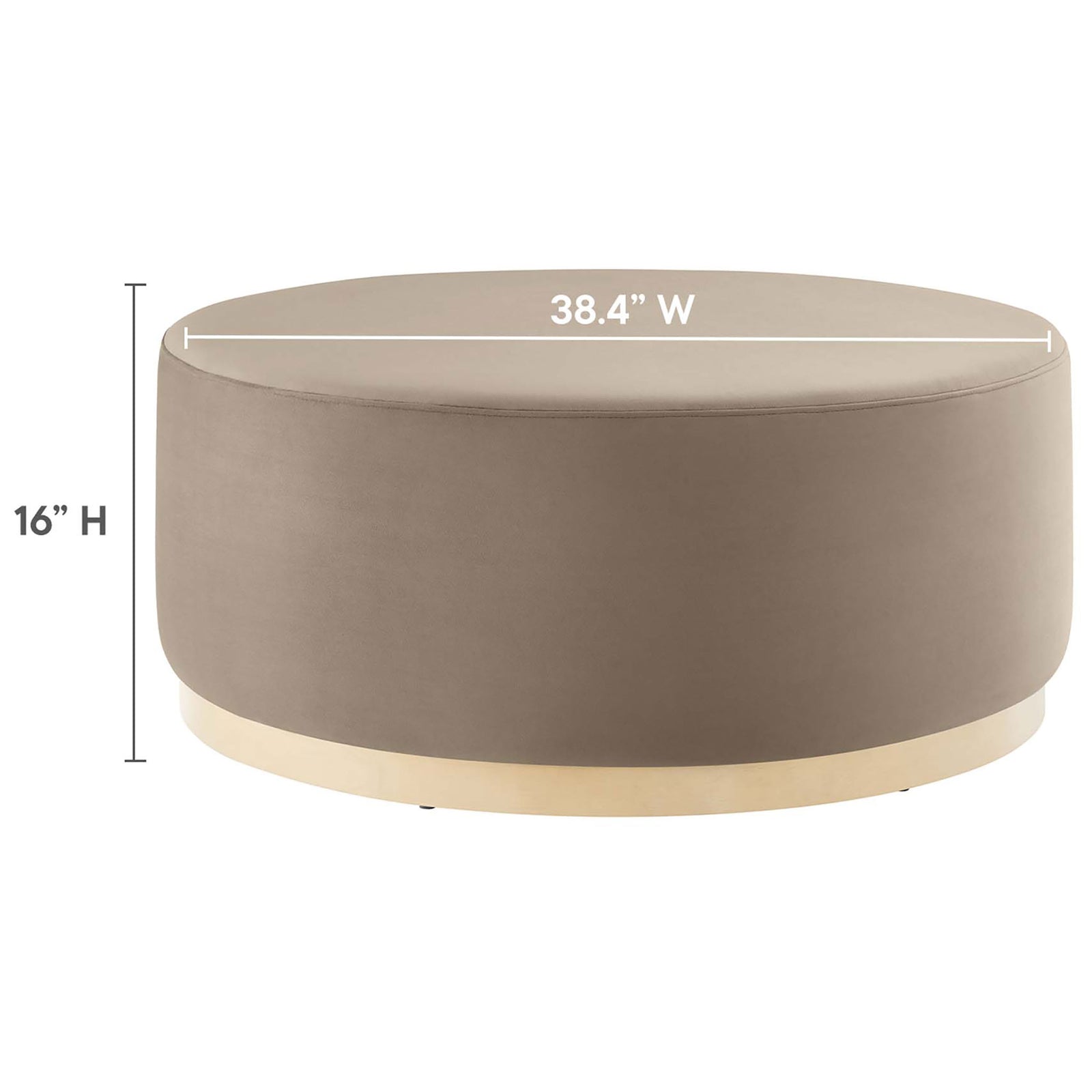 Dimensions of 38.4 inch wide taupe round ottoman with 16 inch height clearly marked || EEI-6650-TAU-NAT || dimension_studio