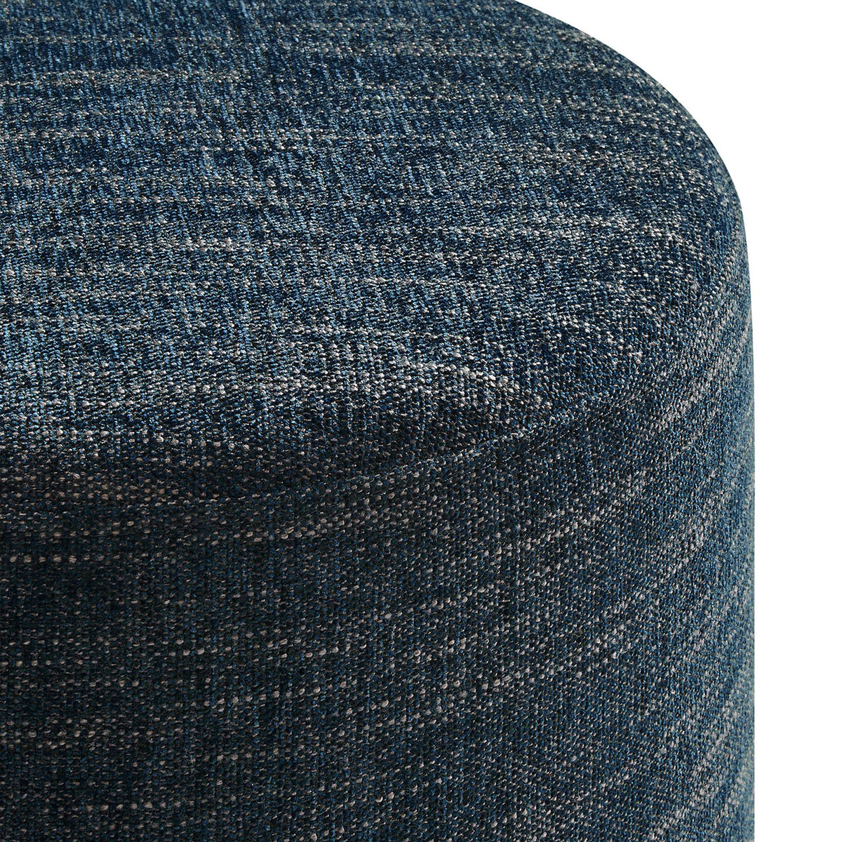 Woven heathered fabric upholstery on the Callum ottoman shows rich texture and layered blue tones || EEI-6651-HEA || detail_studio
