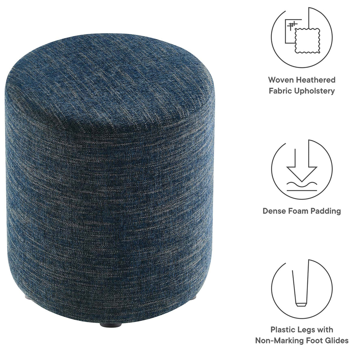 Feature callouts highlight the Callum ottoman's heathered upholstery, dense foam padding, and floor-safe legs || EEI-6651-HEA || callout_studio