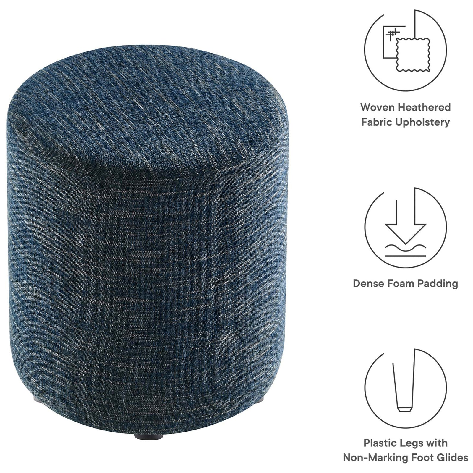 Feature callouts highlight the Callum ottoman's heathered upholstery, dense foam padding, and floor-safe legs || EEI-6651-HEA || callout_studio