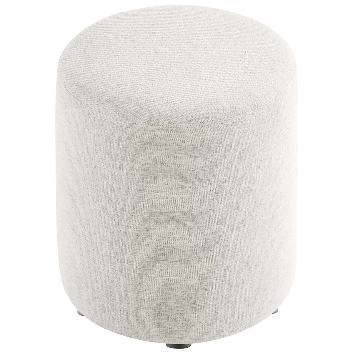 Plush round ottoman in heathered ivory upholstery doubles as a comfy seat or casual side table. || EEI-6651-HEI || top_angle_studio