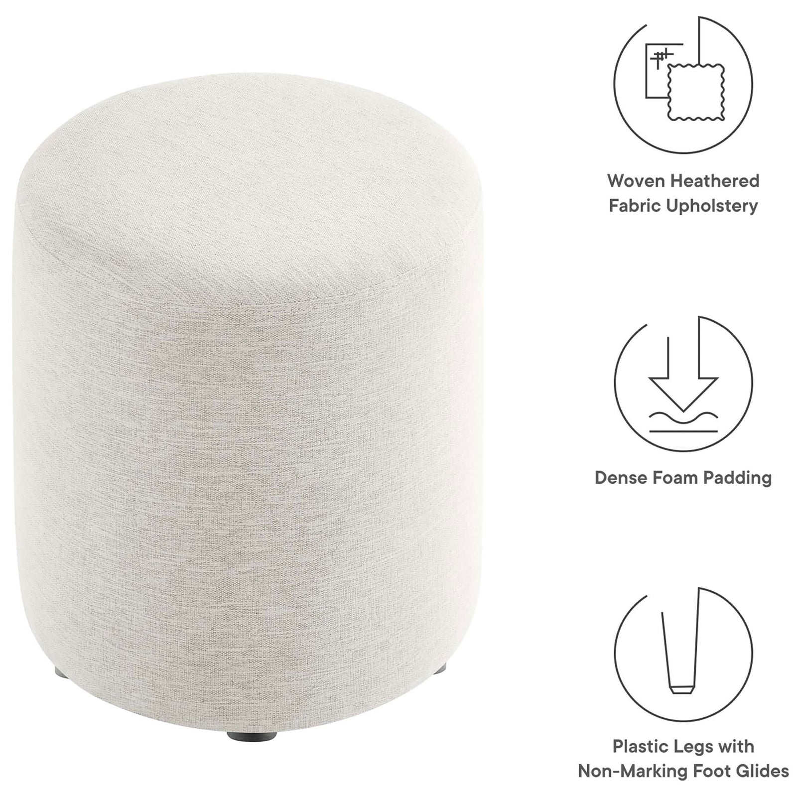 Ivory round ottoman highlighted with icons for heathered fabric, dense foam padding, and protective glides. || EEI-6651-HEI || callout_studio