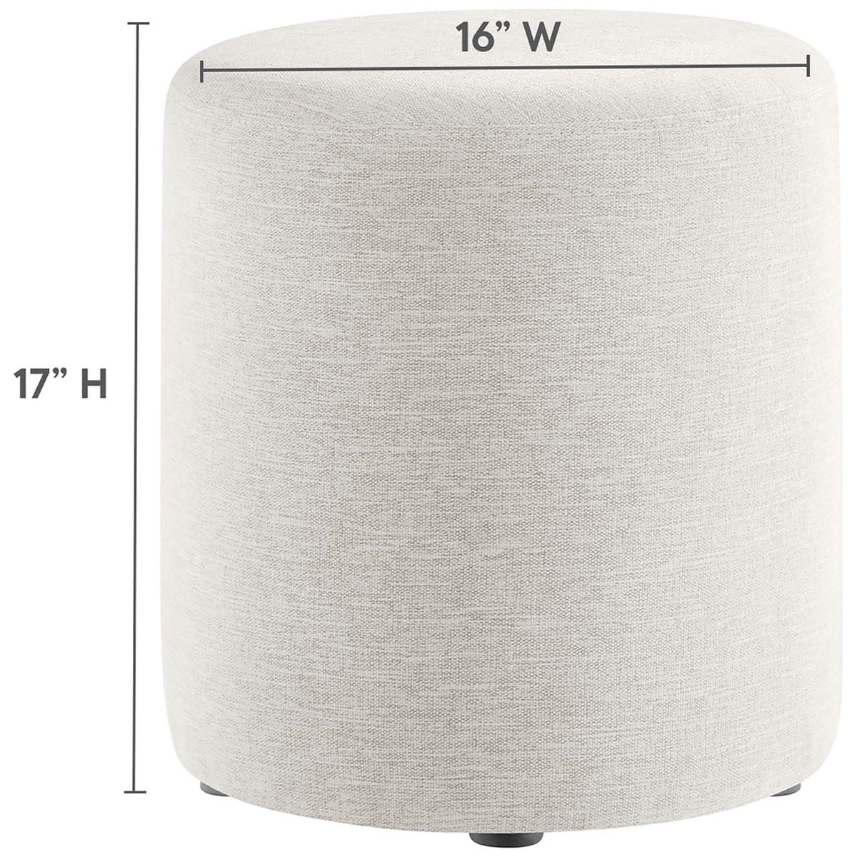 Round ottoman in heathered ivory upholstery shown with clear 16 inch by 17 inch dimension markers. || EEI-6651-HEI || dimension_studio