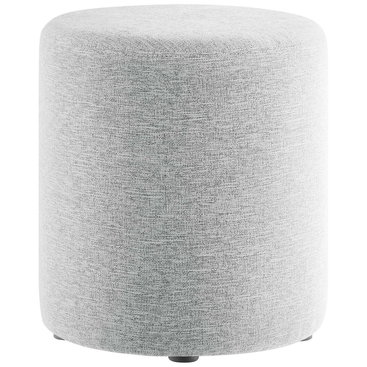 Light gray round ottoman with smooth cylindrical silhouette and low-profile black feet || EEI-6651-HLG || front_studio