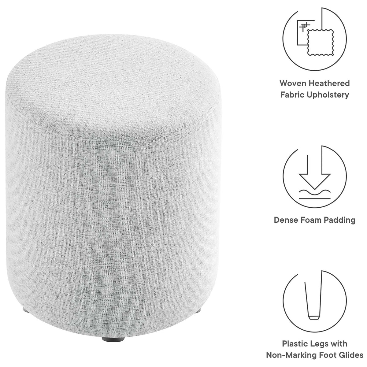 Light gray round ottoman with feature icons for fabric, foam padding, and protective foot glides || EEI-6651-HLG || callout_studio