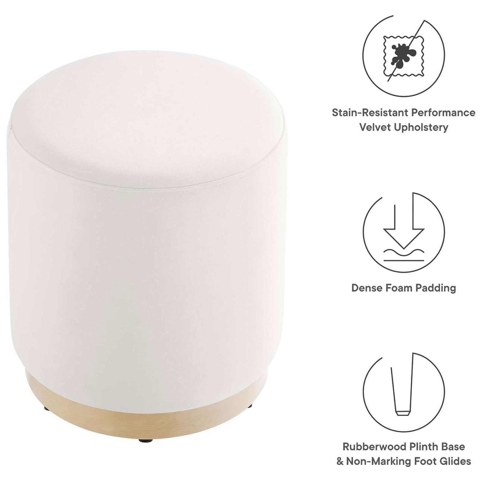 Alabaster performance velvet ottoman with icons highlighting stain resistance foam comfort and wood base || EEI-6652-ALA-NAT || callout_studio