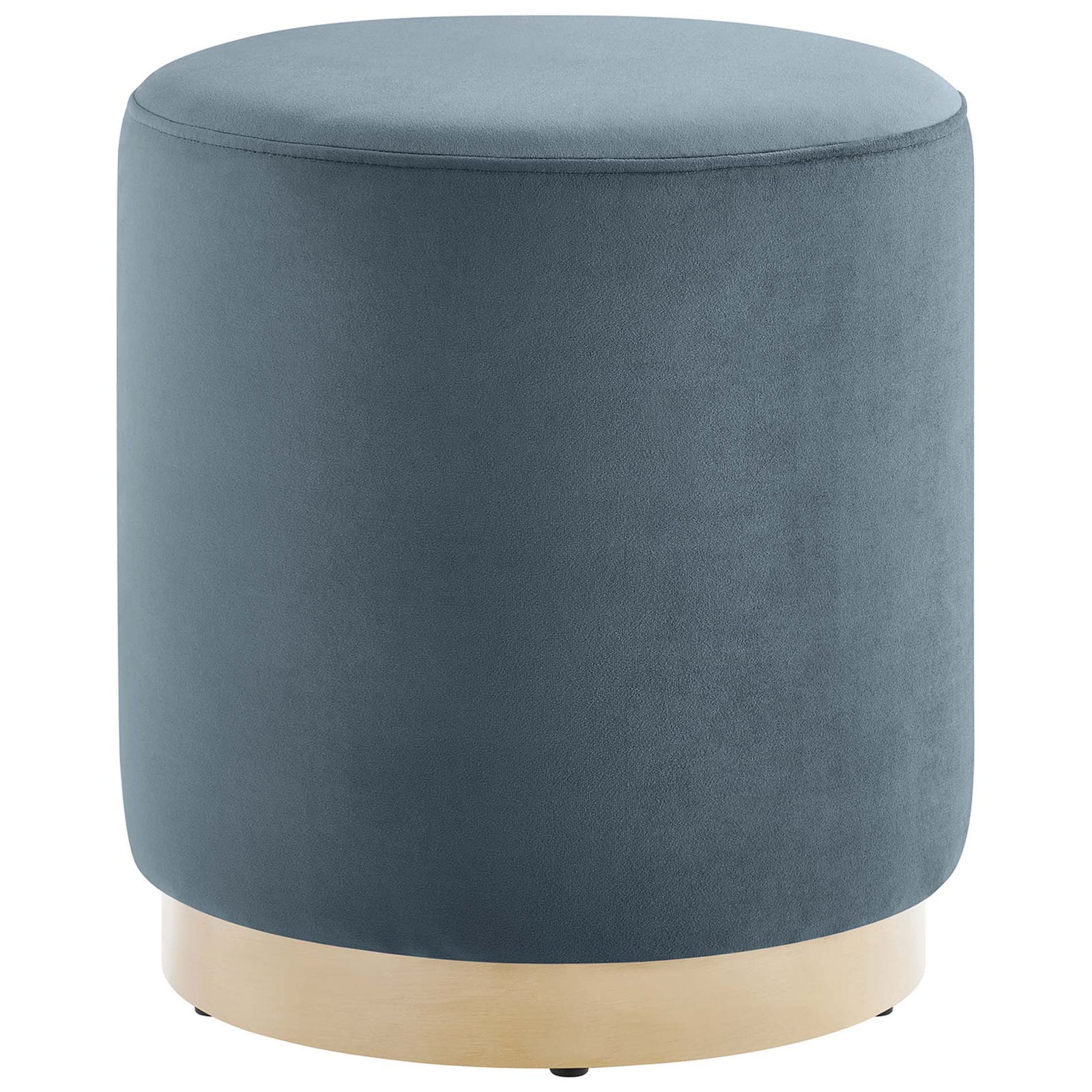 Cadet blue velvet round ottoman with natural wood plinth base || EEI-6652-CAB-NAT || front_angle_studio
