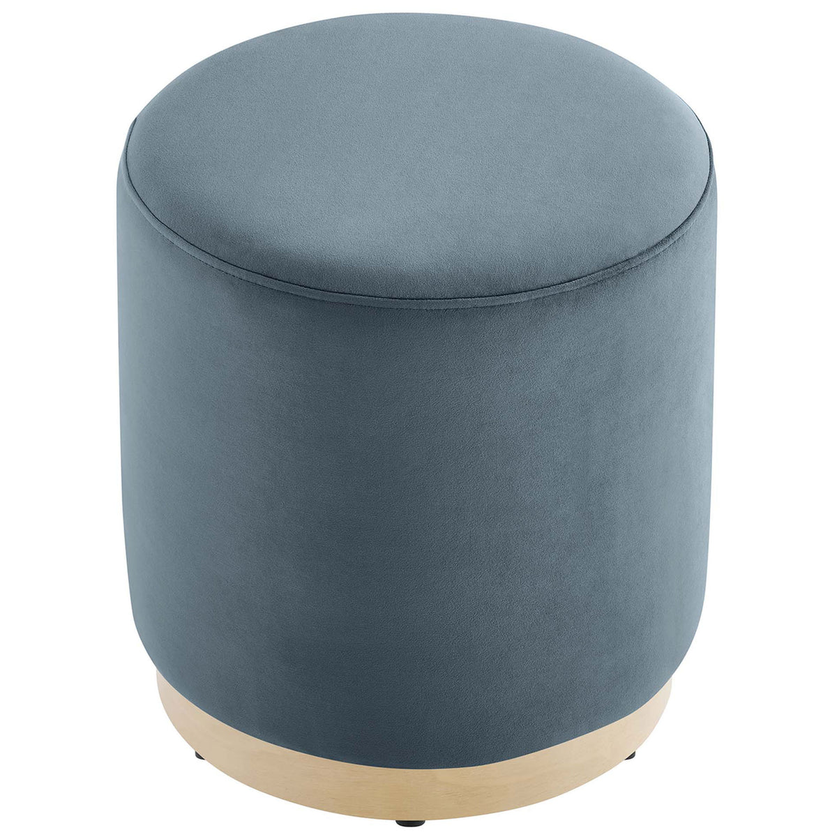 Round blue velvet ottoman with smooth cushioned top and wood base || EEI-6652-CAB-NAT || top_angle_studio