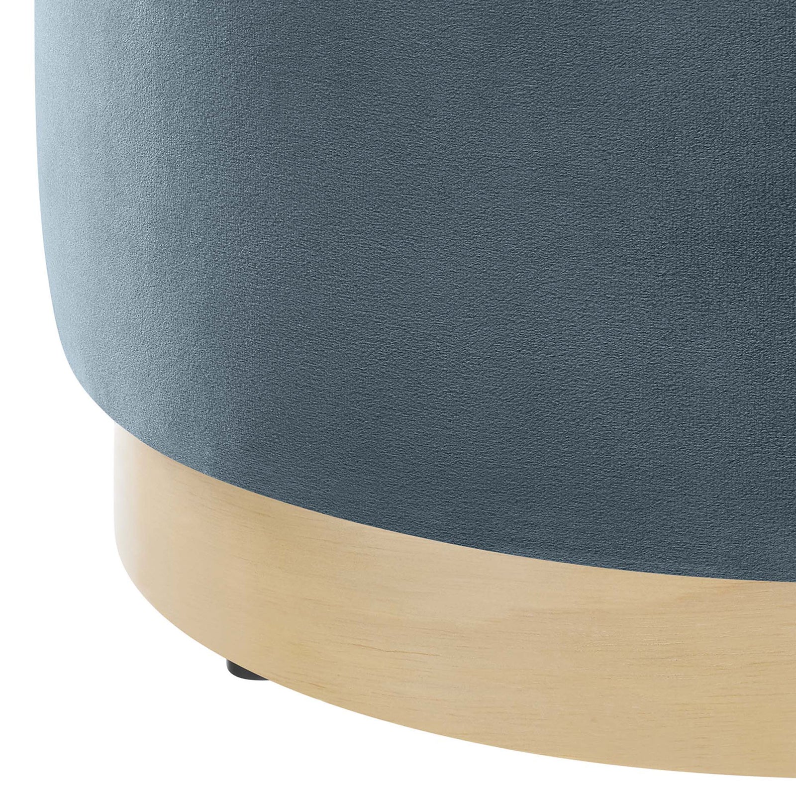 Close up of blue performance velvet upholstery and natural wood base || EEI-6652-CAB-NAT || detail_studio