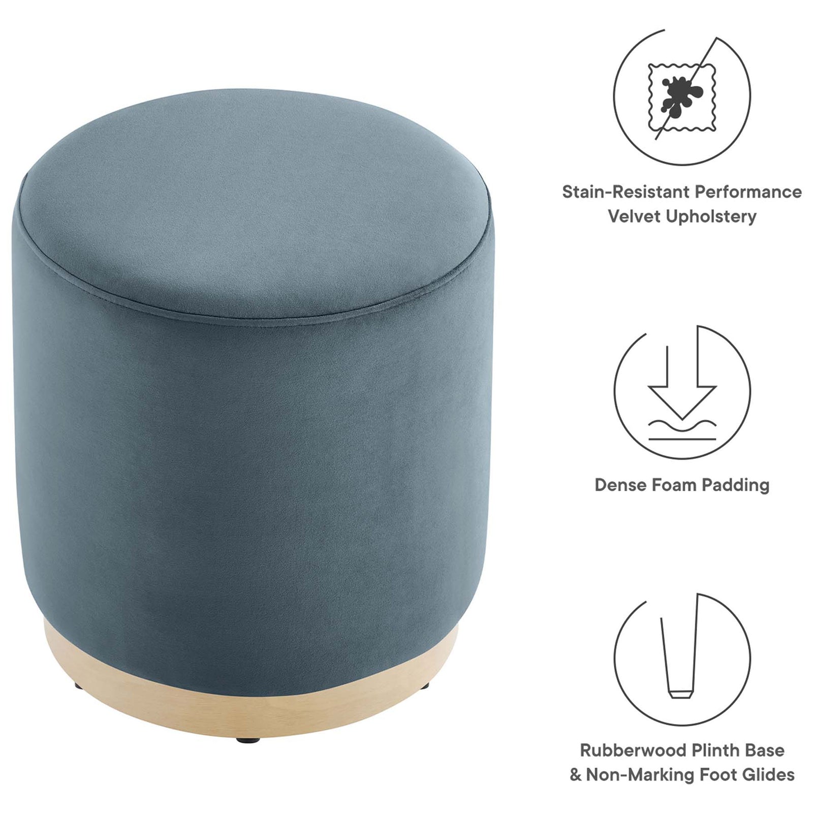 Blue velvet ottoman with icons highlighting stain-resistant fabric and foam padding || EEI-6652-CAB-NAT || callout_studio
