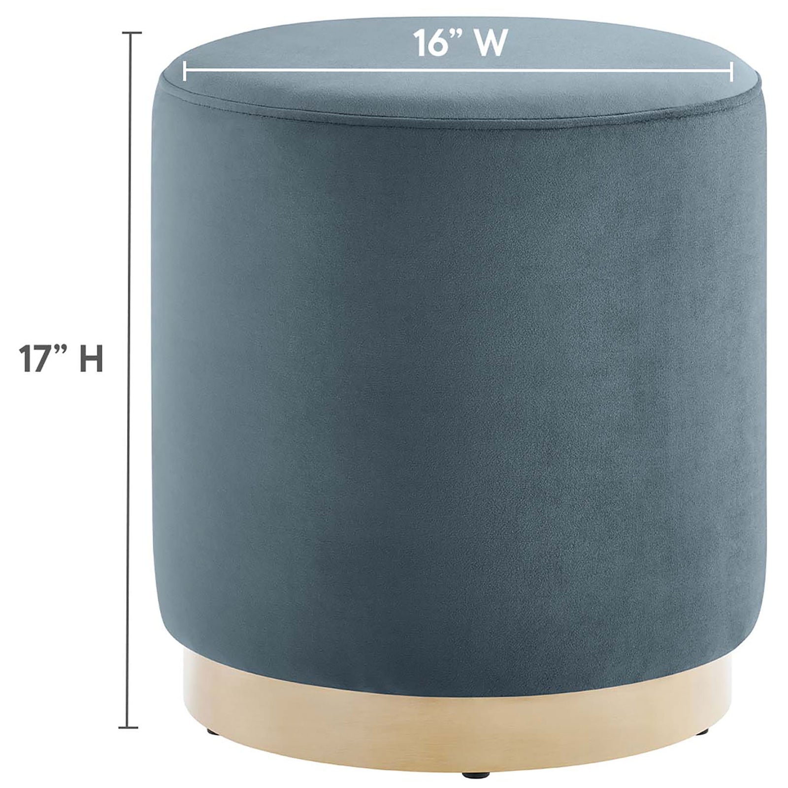 Dimension diagram of round blue ottoman measuring 16 inches wide by 17 inches high || EEI-6652-CAB-NAT || dimension_studio