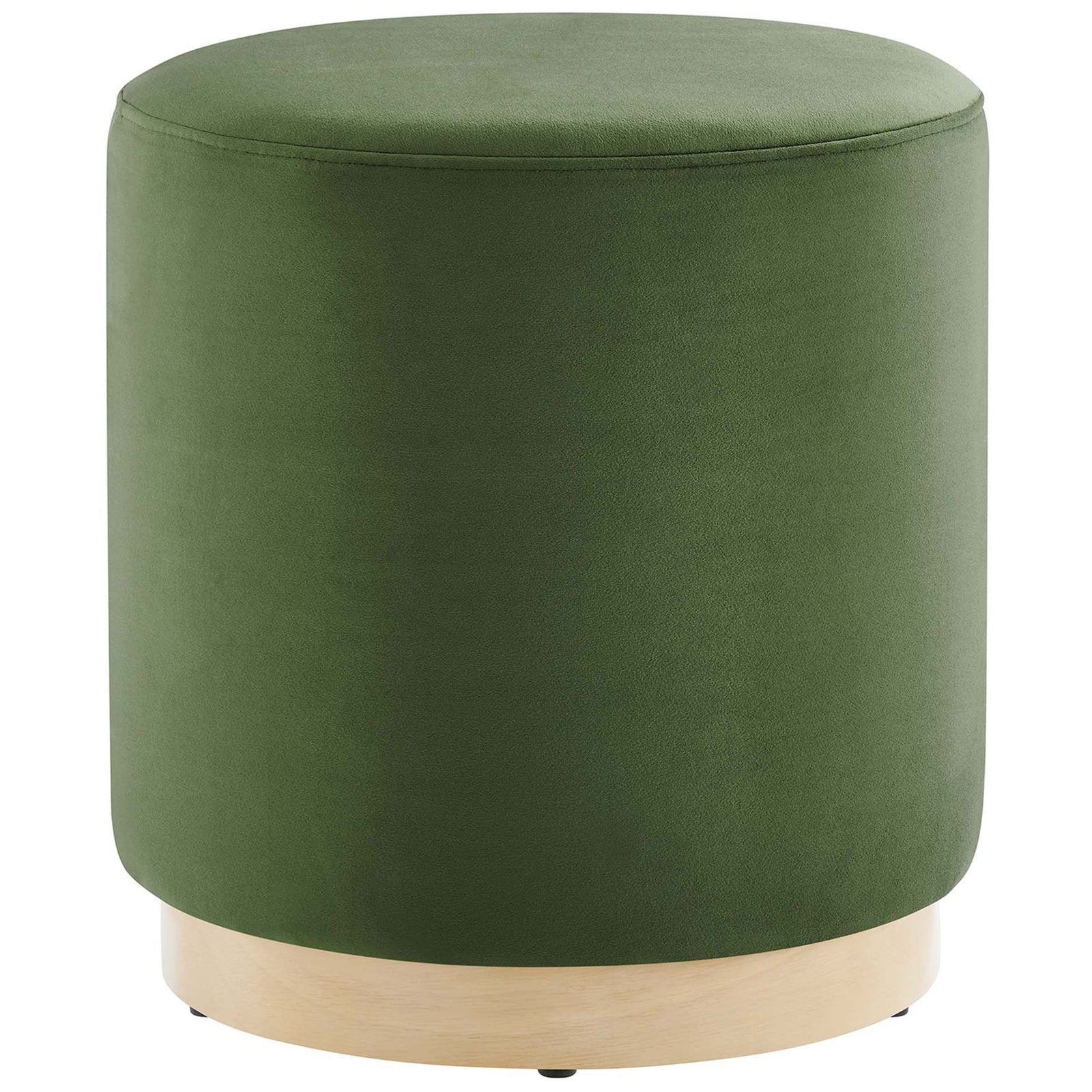 Moss green round velvet ottoman with natural wood base adds a soft pop of color || EEI-6652-MOG-NAT || front_angle_studio