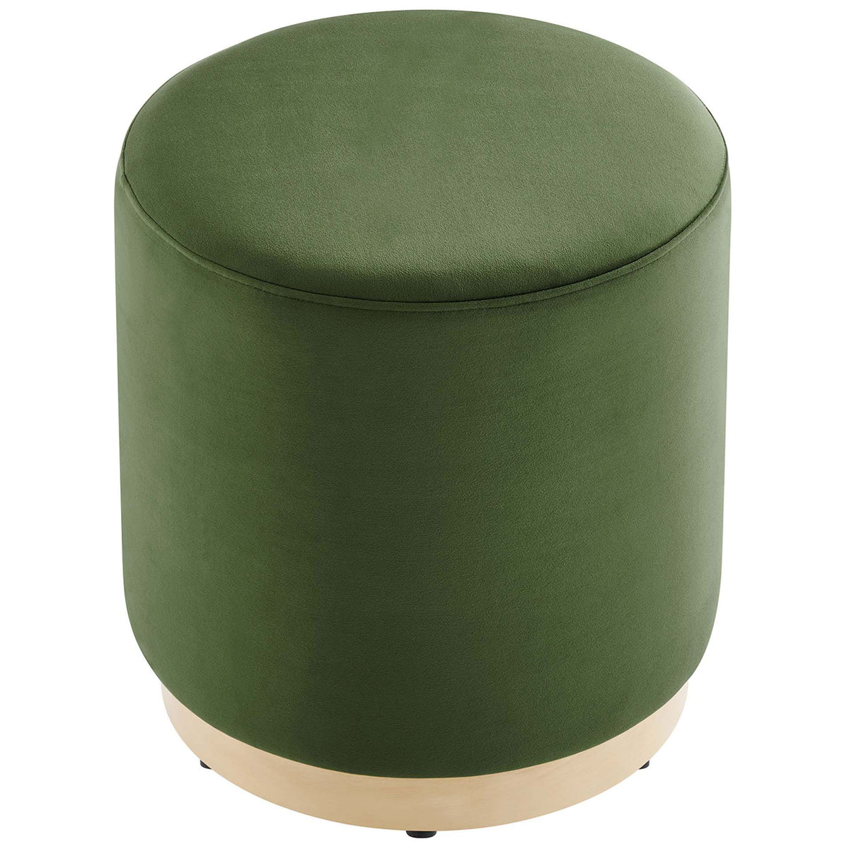 Plush moss green velvet ottoman with smooth round cushion and light wood plinth base || EEI-6652-MOG-NAT || top_studio