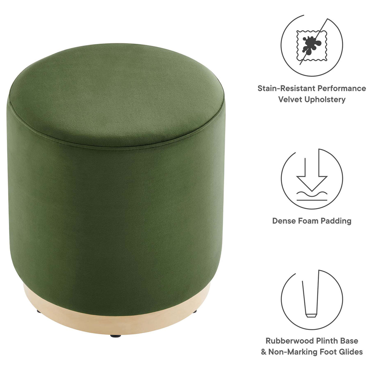 Green velvet ottoman with icons highlighting its stain resistant fabric and cushioned comfort || EEI-6652-MOG-NAT || callout_studio