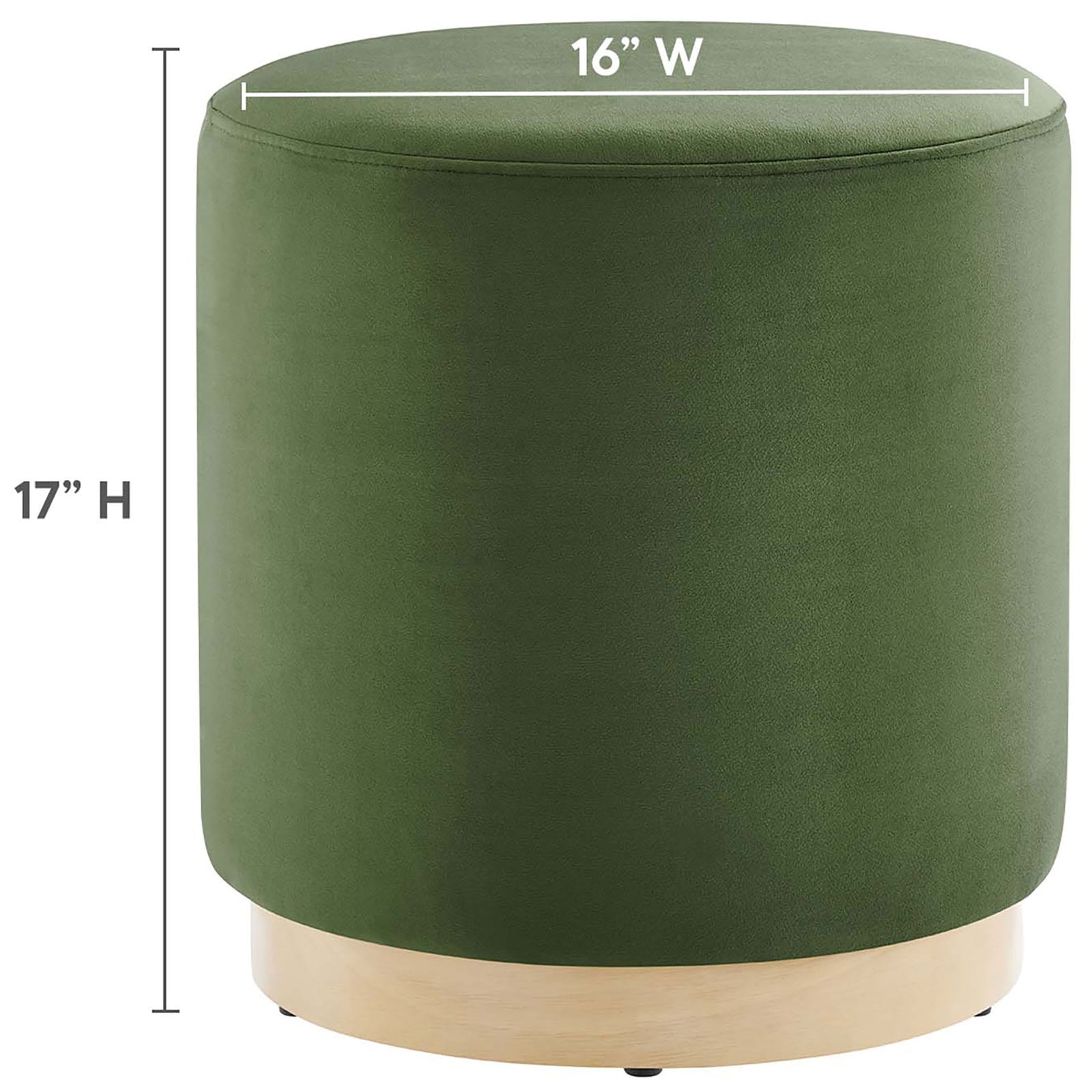 Moss green round ottoman with overlay dimensions showing its compact 16 inch width and 17 inch height || EEI-6652-MOG-NAT || dimension_studio