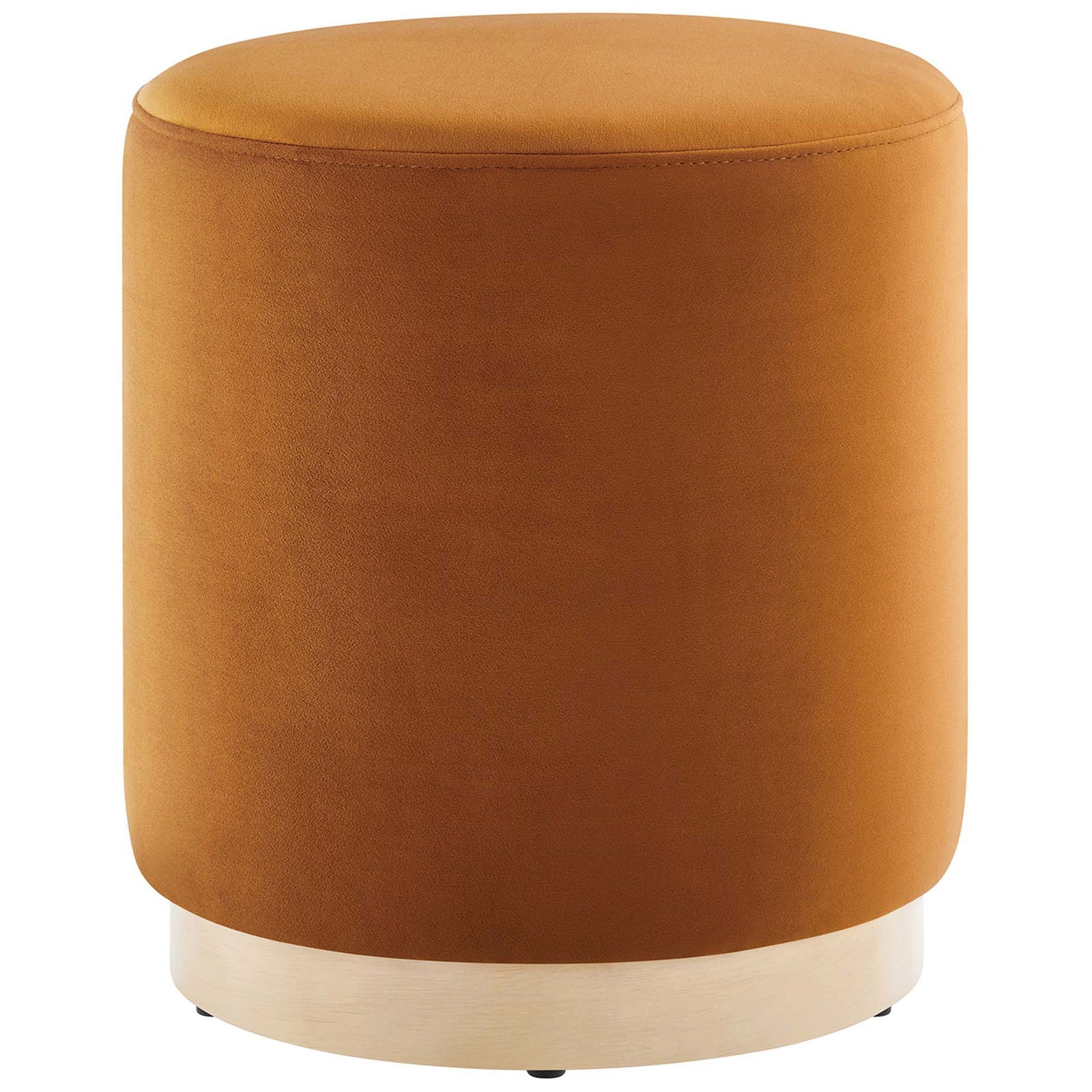 Rust velvet round ottoman with smooth silhouette and light wood plinth base adds a warm accent to any room || EEI-6652-RUS-NAT || front_studio