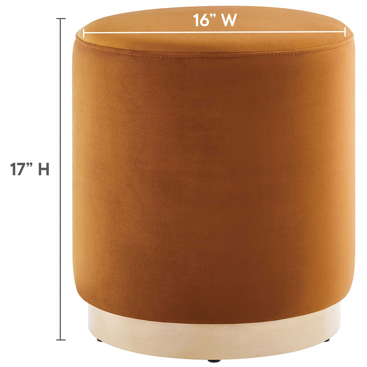 Compact round ottoman measuring 16 inches wide by 17 inches high, ideal for extra seating in small spaces || EEI-6652-RUS-NAT || dimension_studio
