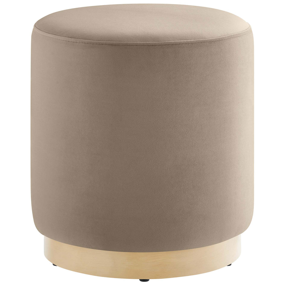 Taupe performance velvet round ottoman with sleek rubberwood plinth base for modern seating or footrest || EEI-6652-TAU-NAT || front_angle_studio