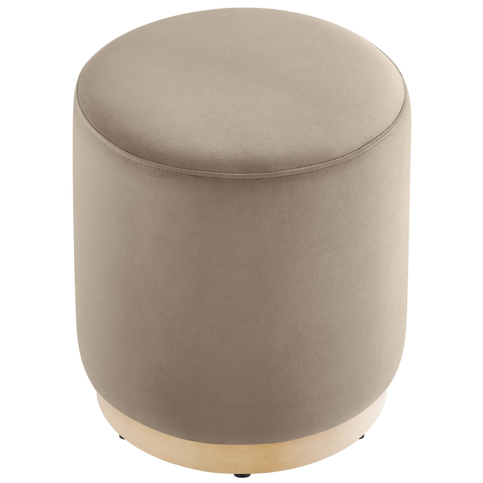 Plush round ottoman with smooth taupe performance velvet seat and subtly rounded edges || EEI-6652-TAU-NAT || top_angle_studio