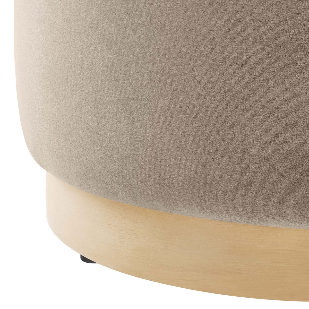 Taupe velvet upholstery transitions cleanly into the warm rubberwood plinth base with protective floor glides || EEI-6652-TAU-NAT || leg_studio