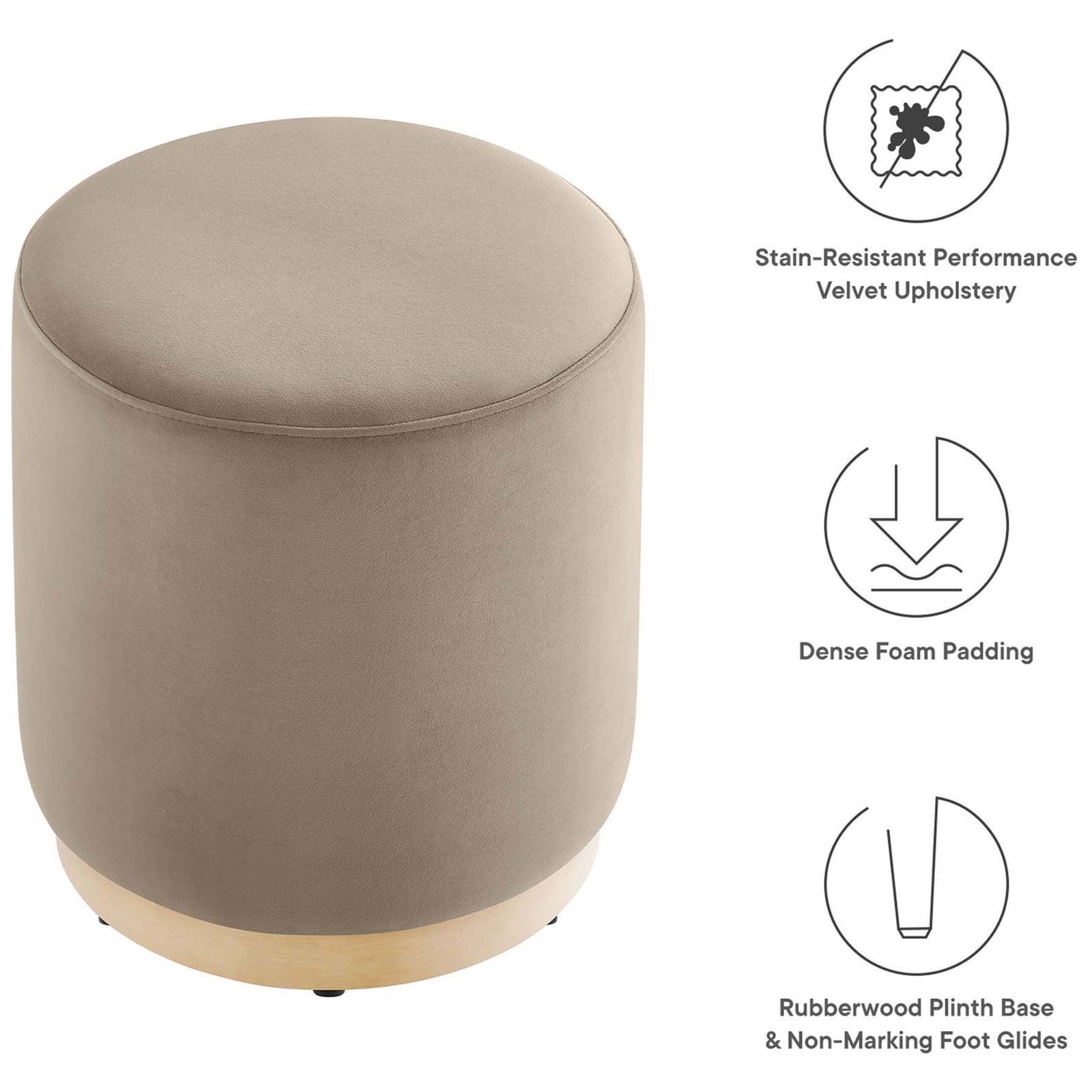 Taupe velvet ottoman highlighting stain resistant upholstery, dense foam padding, and protective base glides || EEI-6652-TAU-NAT || callout_studio
