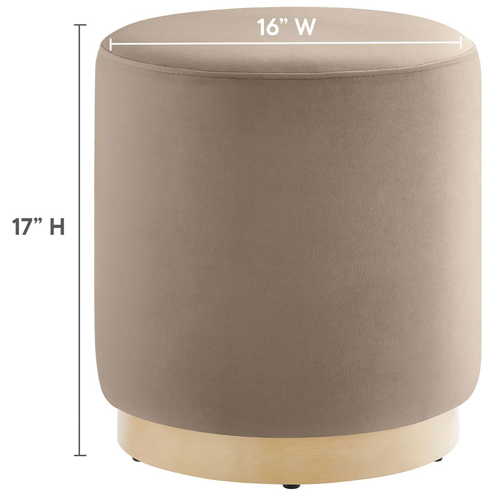 Taupe velvet ottoman with labeled dimensions showing its compact 16 inch width and 17 inch height || EEI-6652-TAU-NAT || dimension_studio