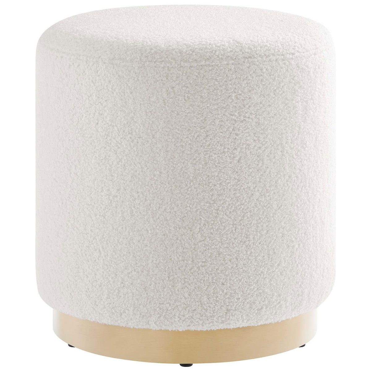 Round ivory sherpa ottoman with smooth rubberwood plinth base for modern seating or footrest || EEI-6653-IVO-NAT || front_angle_studio