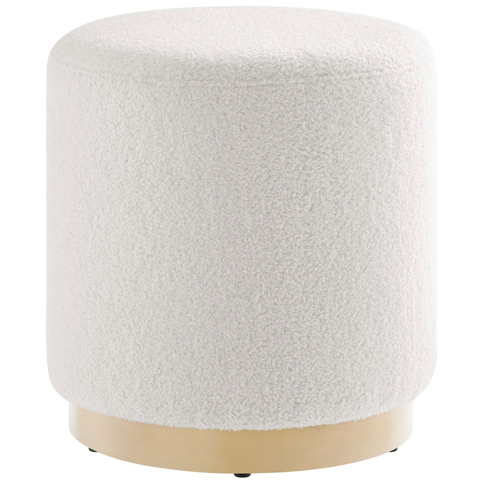 Round ivory sherpa ottoman with smooth rubberwood plinth base for modern seating or footrest || EEI-6653-IVO-NAT || front_angle_studio