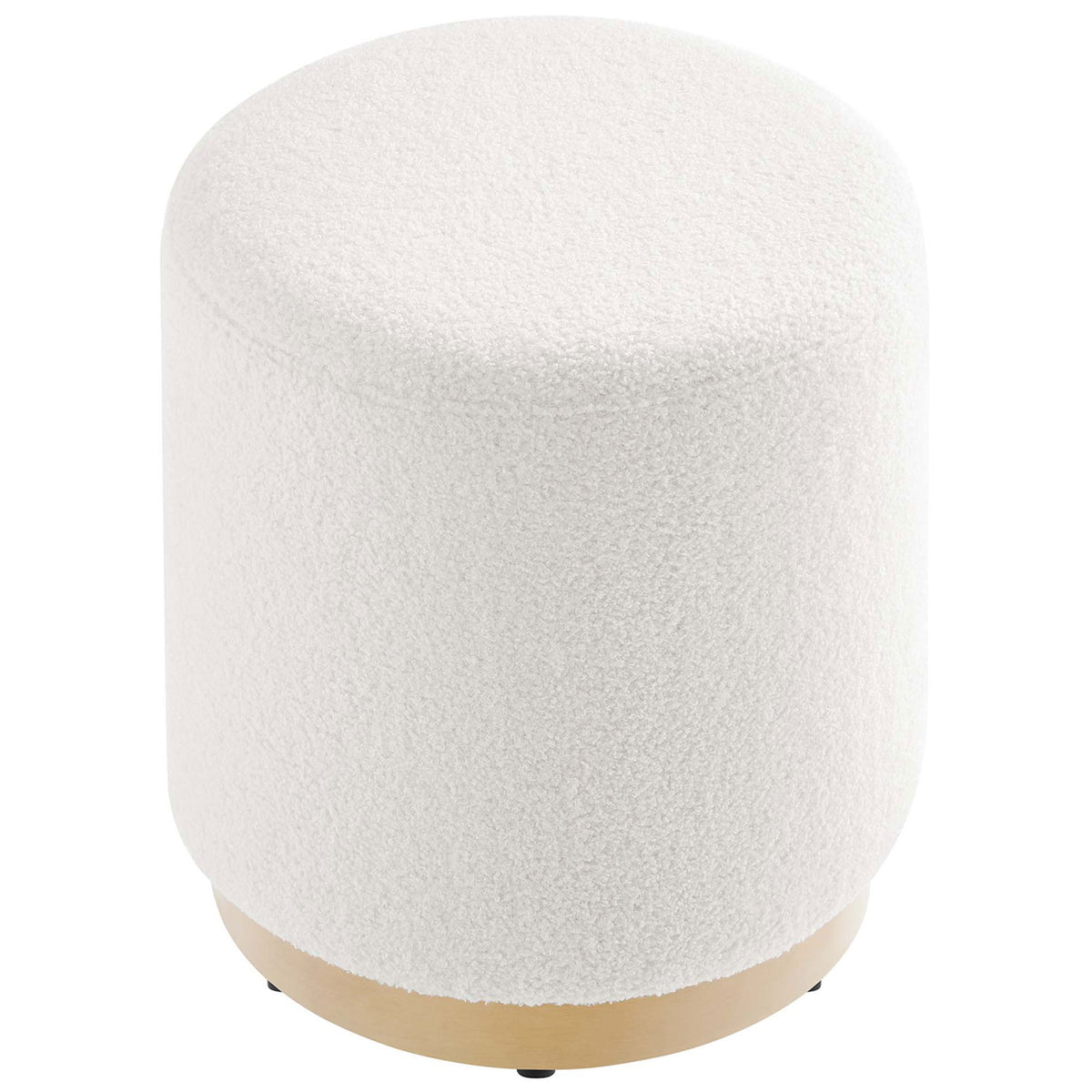 Plush sherpa ottoman showcases its generously cushioned round seat in soft ivory upholstery || EEI-6653-IVO-NAT || top_angle_studio