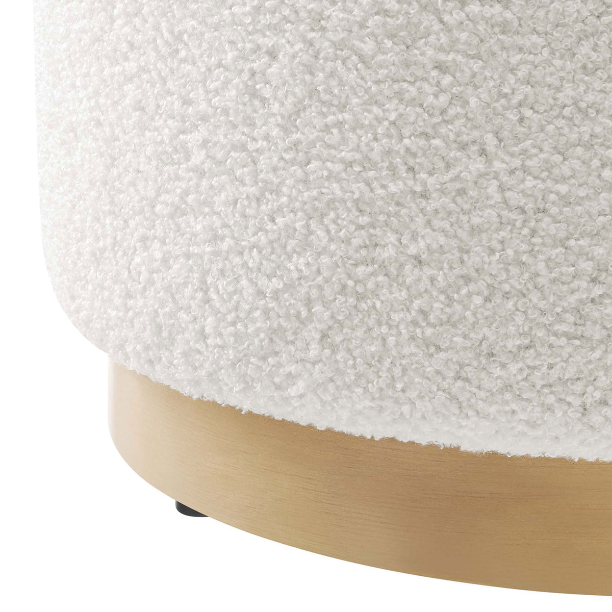 Textured ivory sherpa fabric pairs with a warm rubberwood base for a cozy, inviting ottoman design || EEI-6653-IVO-NAT || detail_studio
