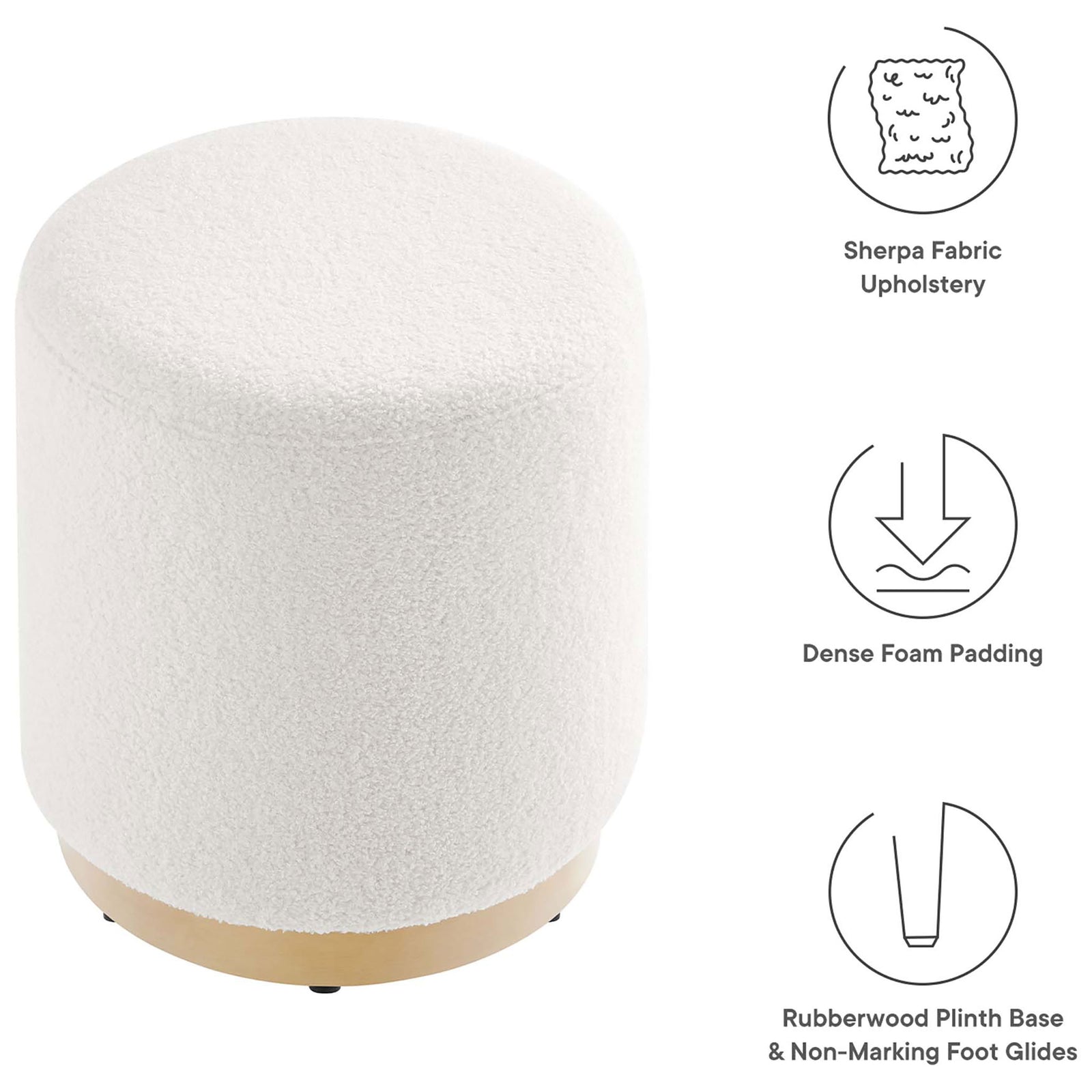 Sherpa-upholstered ottoman highlights dense foam cushioning and a rubberwood plinth base with non-marking glides || EEI-6653-IVO-NAT || callout_studio