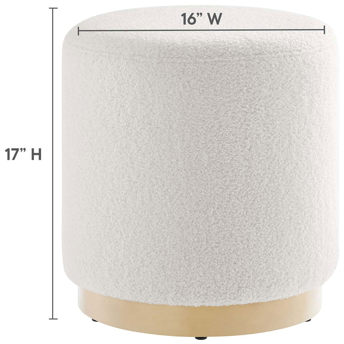 Compact round ottoman measures 16 inches wide by 17 inches high for versatile placement in small spaces || EEI-6653-IVO-NAT || dimension_studio