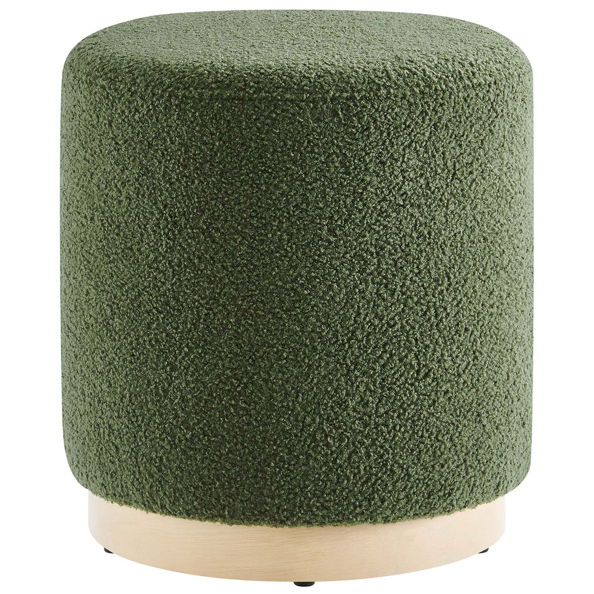 Moss green sherpa round ottoman with natural wood plinth base for cozy modern seating || EEI-6653-MOG-NAT || front_studio
