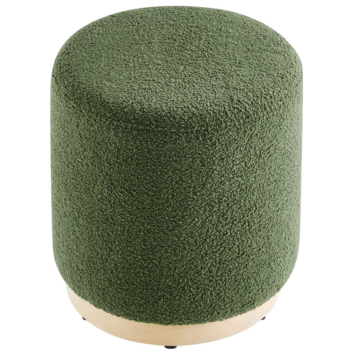 Overhead view of moss green sherpa ottoman showcasing its plush circular seat and smooth wood base || EEI-6653-MOG-NAT || top_angle_studio