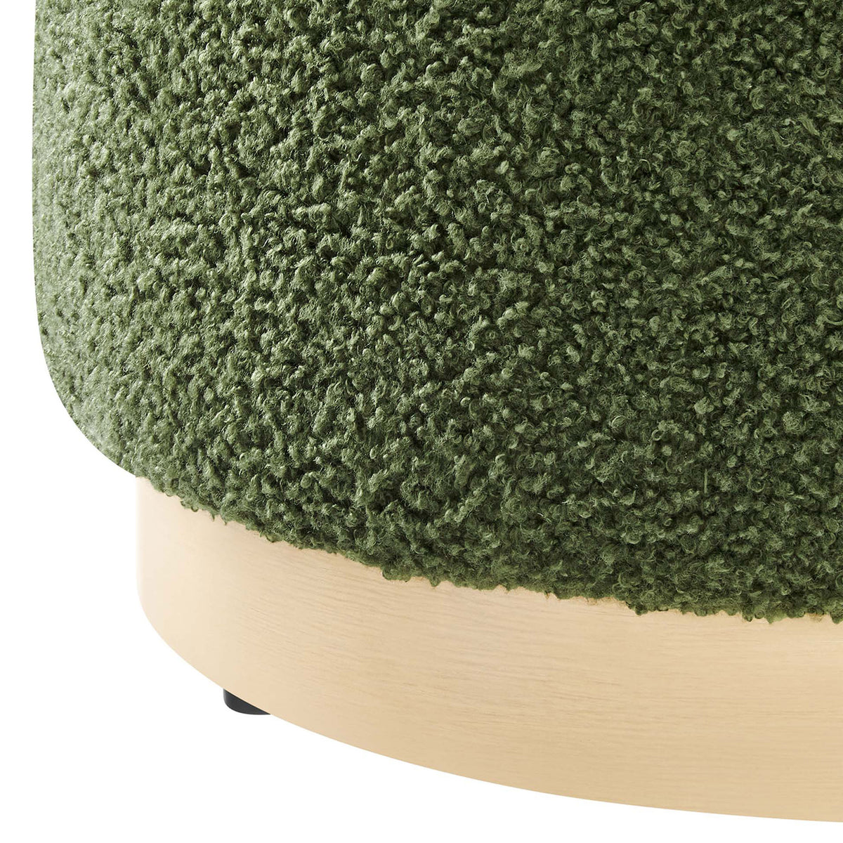 Close-up of boucle-style sherpa upholstery and natural wood base highlighting rich texture and finish || EEI-6653-MOG-NAT || leg_studio