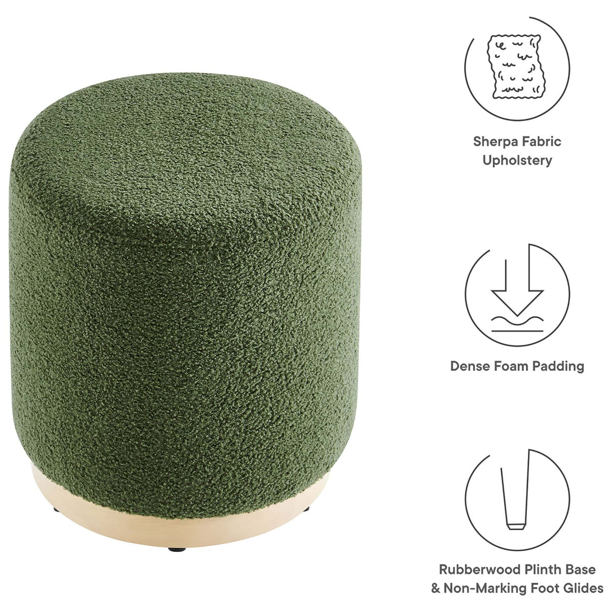 Feature graphic highlighting sherpa upholstery, dense foam, and smooth rubberwood base of the ottoman || EEI-6653-MOG-NAT || callout_studio