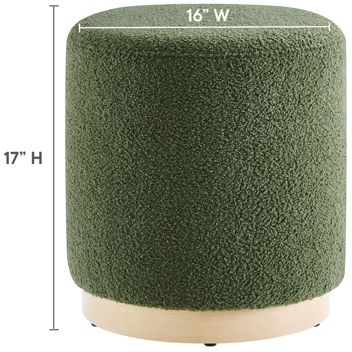 Dimension graphic showing the ottoman measuring 16 inches wide by 17 inches high for compact spaces || EEI-6653-MOG-NAT || dimension_studio
