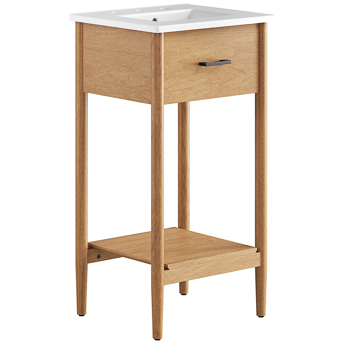 Compact vanity with white ceramic basin, natural wood grain cabinet, and open shelf with tapered legs. || EEI-6658-NAT-WHI || front_angle_studio