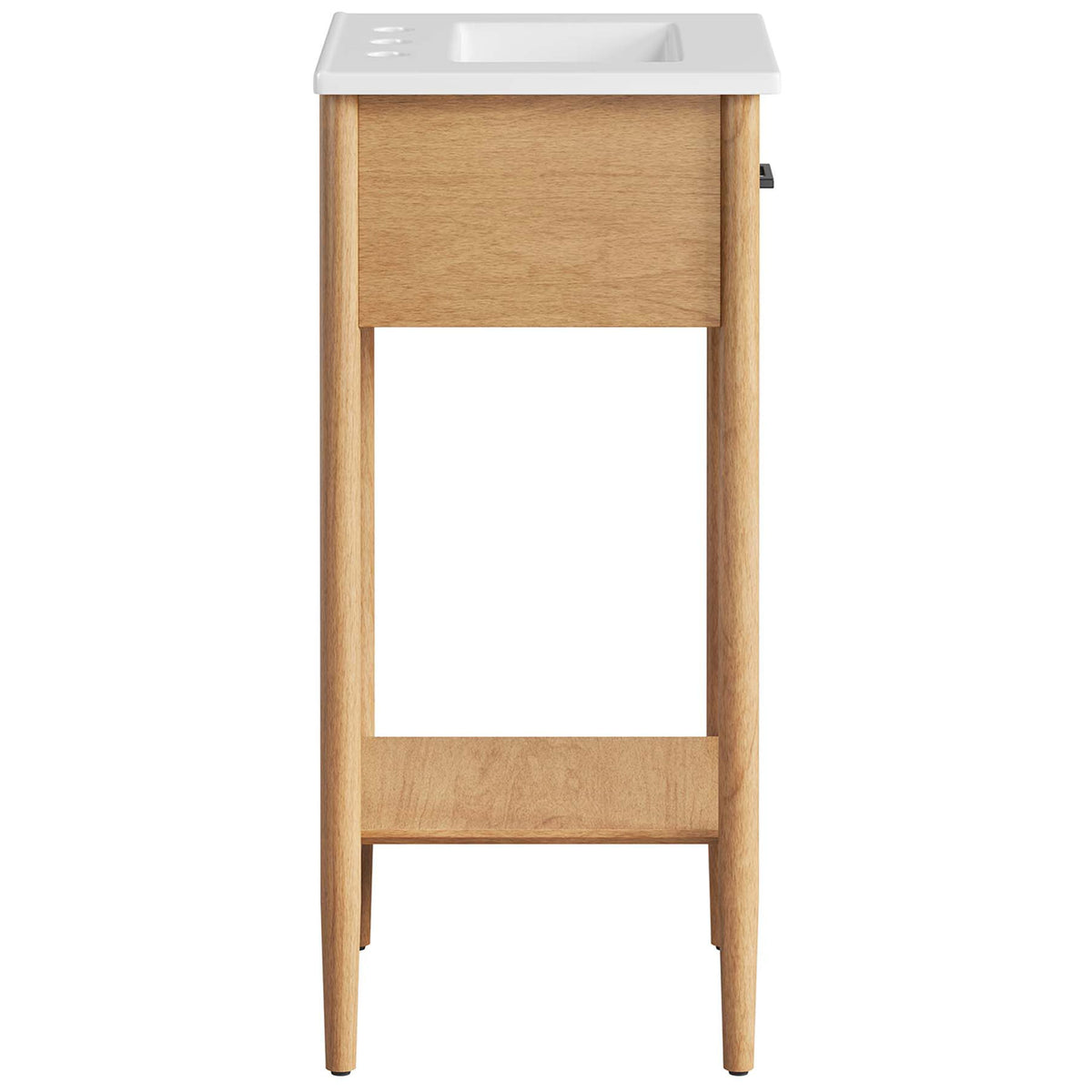 Slim profile vanity highlights the smooth ceramic top and warm wood finish with clean, tapered legs. || EEI-6658-NAT-WHI || side_studio
