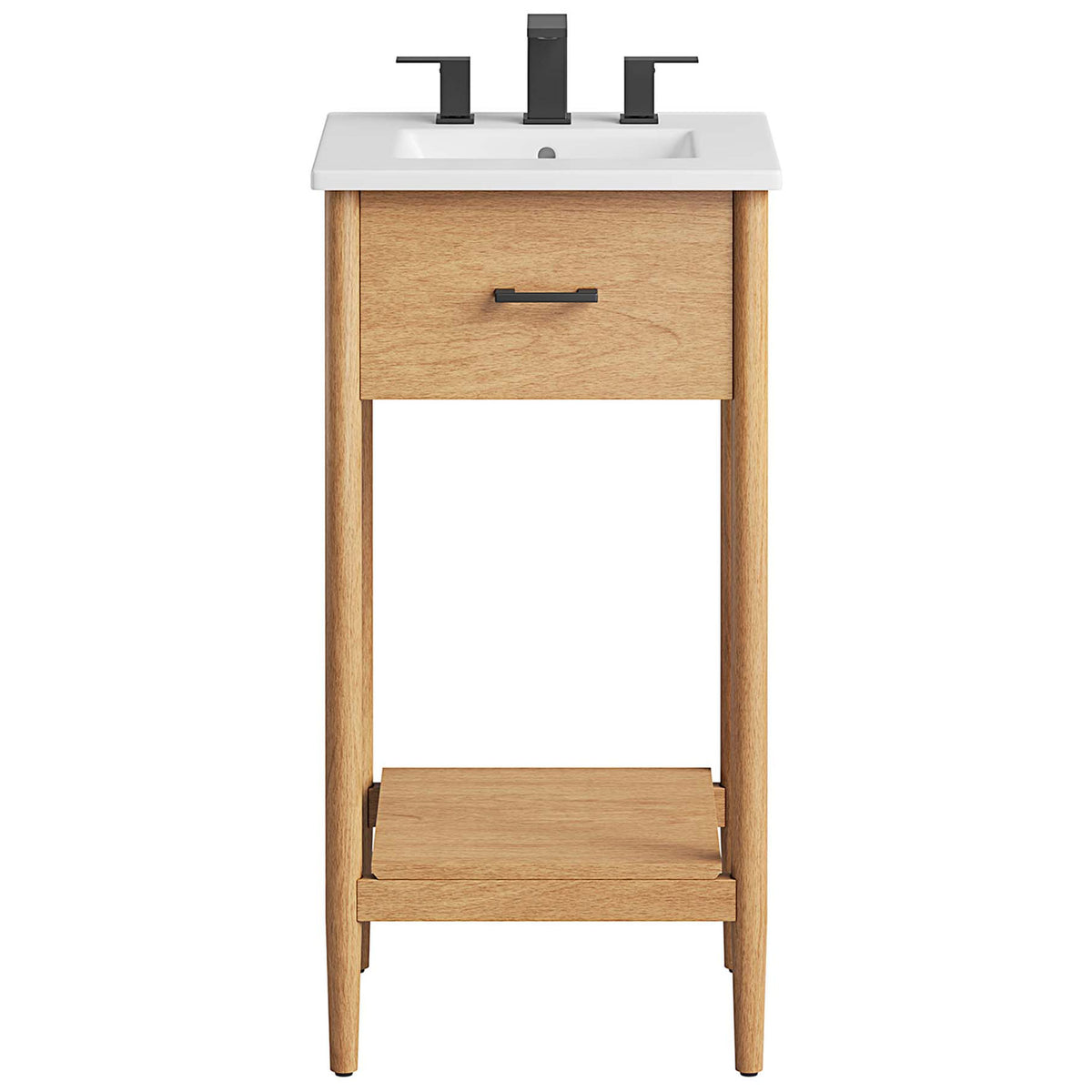Modern vanity pairs a white basin with a black handle and open shelf for a clean, mid-century look. || EEI-6658-NAT-WHI || front_studio