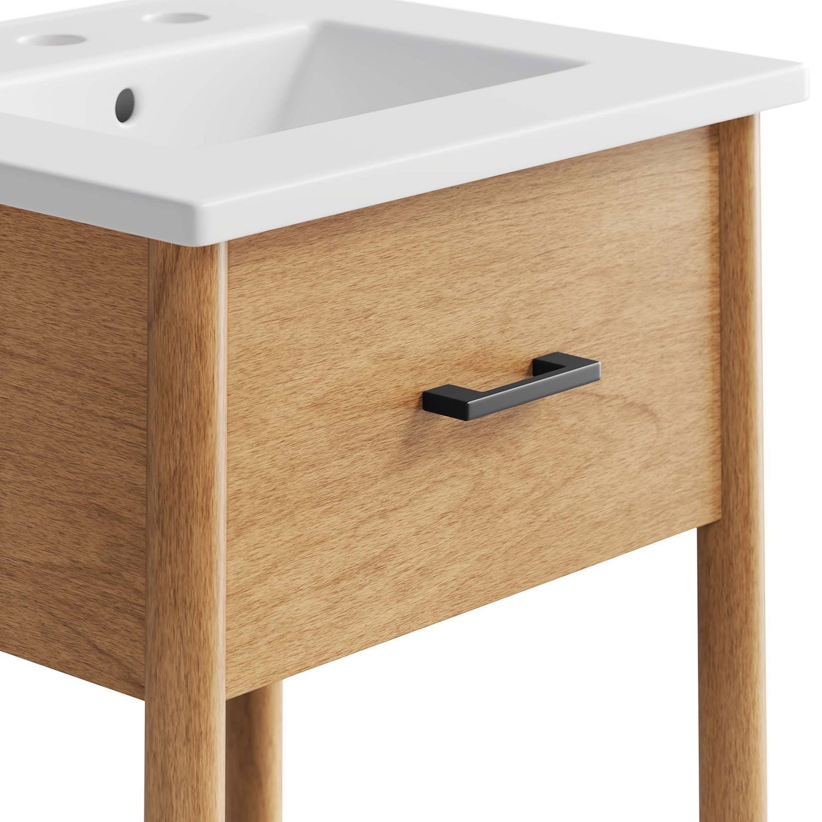 Crisp ceramic edge meets a wood front with a sleek matte black pull. || EEI-6658-NAT-WHI || detail_studio