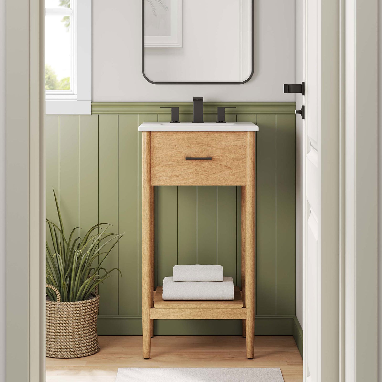 Natural wood vanity elevates the bath with a bright ceramic top, open shelf storage, and minimalist lines. || EEI-6658-NAT-WHI || front_room