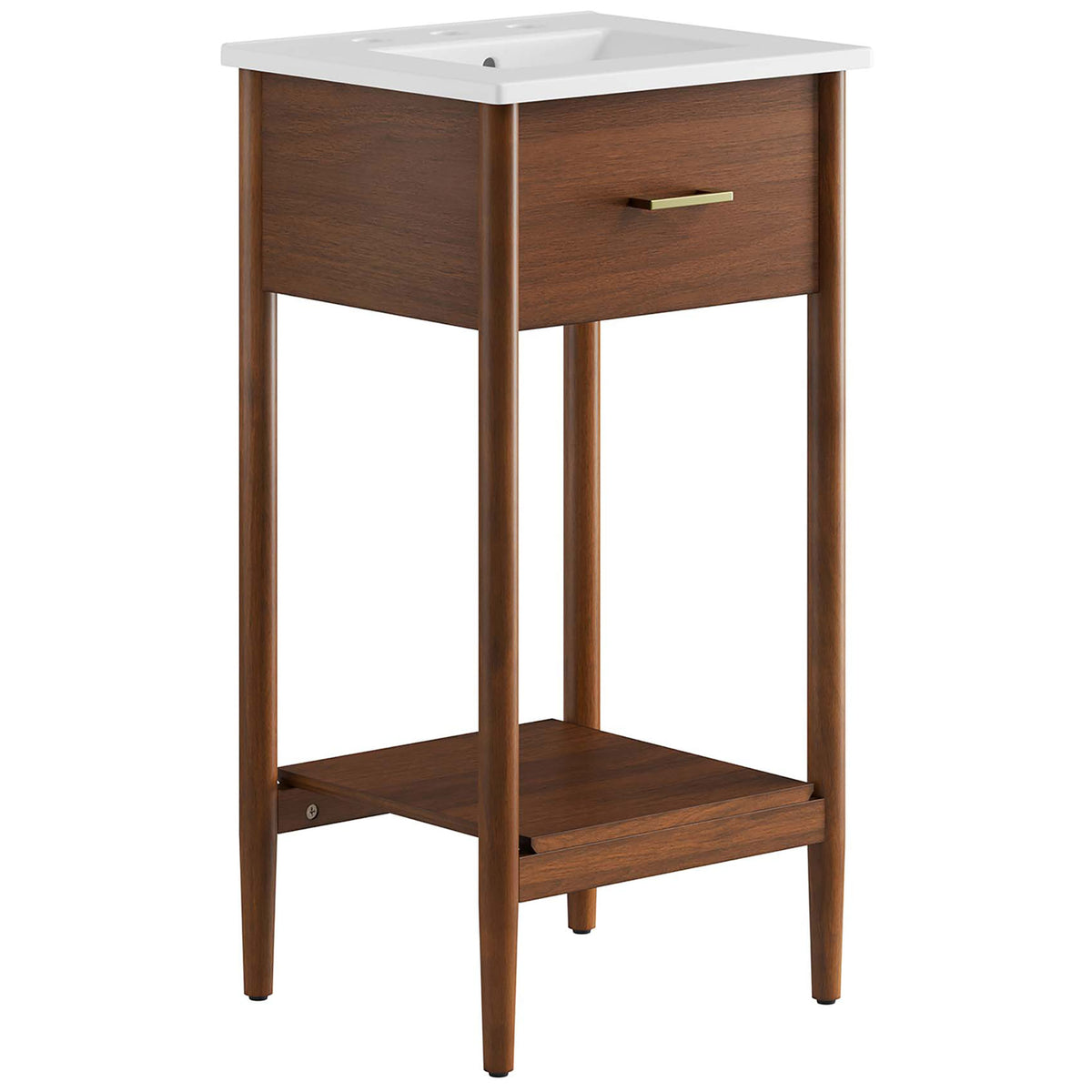 Walnut vanity with white ceramic top, brass-tone handle, and open lower shelf on tapered legs || EEI-6658-WAL-WHI || front_angle_studio
